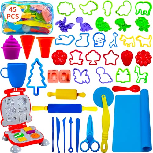 NINGESHOP Knetwerkzeug Teig Plastilin Werkzeuge,45 Stück Knete Dough Set für Kinder,Knete Zubehör Knete Ausstechformen Küchenspielzeug,Knetmatte Aufbewahrungstasche,Spielzeug Geschenk mädchen Junge von NINGESHOP