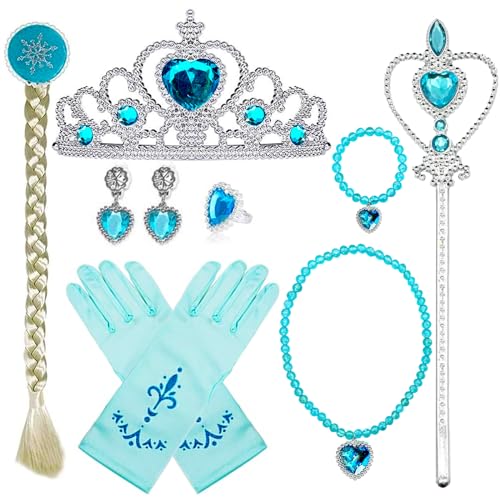 NINGESHOP Prinzessin Kostüme Zubehör, 10 Stück Mädchen Dress up Zubehör mit Elsa Handschuhe,Krone,Zauberstab,Ring,Halsketten Set für Weihnachten Verkleidung Cosplay Karneval Halloween Geburtstag von NINGESHOP