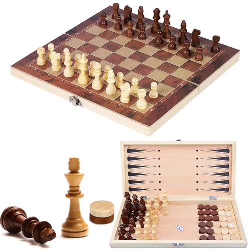 NINGESHOP Schachspiel Holz Hochwertig, 3 in 1 Schach, Tragbares und Faltbares Chess Board Set, Reiseschach Figuren, Schach Backgammon Holz, Schachfiguren Chess Set, Schach für Kinder und Erwachsene von NINGESHOP