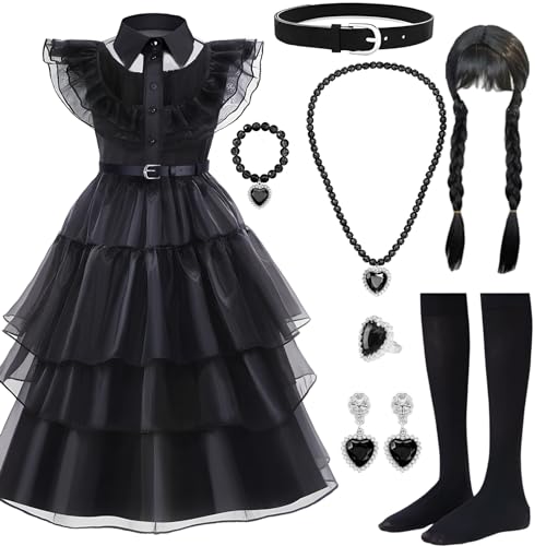 NINGESHOP Wednesday Kostüm kinder, Mittwoch Kostüm Mädchenkleid,Gothic Kleider Outfits mit Perücke,Ohrring,Socken,Kleid für Mädchen Halloween Karneval Cosplay Party Outfit 4-14 Jahre, 130 cm von NINGESHOP