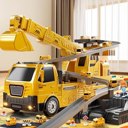 NIPLOOOW 2 in 1 Baukrane LKW Spielzeug Spielset, Engineering Bagger Track Set mit Kran, Bagger, Spur, Transportfahrzeuge, Sound & Licht, Geschenk für Alter 3 4 5 6 Jahre alt Jungen Mädchen von NIPLOOOW