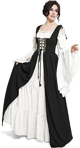 Mittelalter Retro Kleid Hemd Damen Irland Viktorianische Renaissance Kostüm Vintage Königin Erwachsene Bohemian Kostüm Trompete Langarm Gothic Rock Karneval Halloween Party Coslpay (2XL, Schwarz) von NIRANJAN