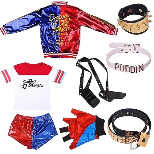 NIRANJAN Damen Mädchen Kostüm Quinn Kostüm Erwachsene Kinder Harley Quinn Cosplay Joker Kostüm Sweatshirt Sweatshirt Mantel Harley Squad T-Shirt Shorts für Karneval Halloween (150 cm) von NIRANJAN