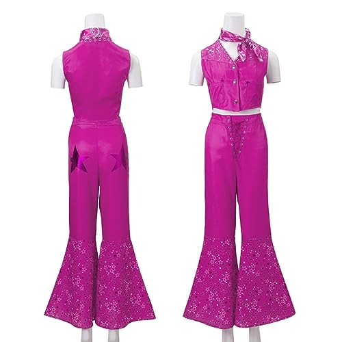 NIRANJAN Kostüm Barbie Damen Mädchen Film Heldin Kostüm Rosa Rot Erwachsene Kinder Flare Hose Halloween Cosplay Cowgirl Outfit 70s 80s Hippie Disco (XS) von NIRANJAN