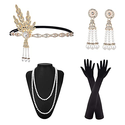 NITAIUN 20er Jahre Accessoires Damen Flapper Great Gatsby Accessoires 1920s Charleston Kostümzubehör,20er Jahren Zubehör, Stirnband Handschuhen Halskette Ohrringen (Set M) von NITAIUN