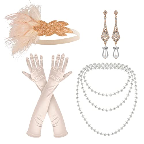 NITAIUN 4 Teiliges 20er Jahre Accessoires 1920s Flapper Great Gatsby Accessoires,Charleston Kostüm 1920 Zubehör-Set, Stirnband Handschuhen Halskette Ohrringen, for Roaring 20s Party Prom (Set O) von NITAIUN