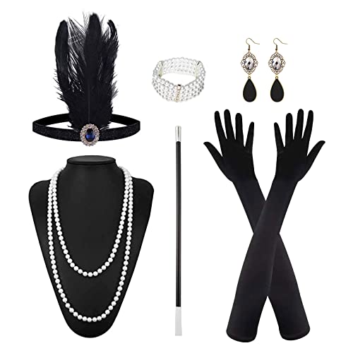 NITAIUN 6 Stück 20er Jahre Accessoires 1920s Kostüm Accessoires Damen, Flapper Great Gatsby Accessoires, 20er Jahre Zubehör, Haarband Handschuhe Perlenkette Ohrringe Handheld Requisiten (Set D) von NITAIUN