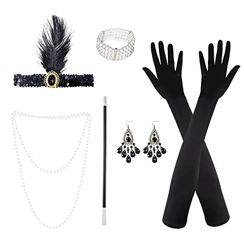 NITAIUN 6 Teiliges 1920 Zubehör-Set 20er Jahre Accessoires Kostüm Damen Flapper Set Roaring 20's Theme Set mit Stirnband Kopfbedeckung Langen Schwarzen Handschuhen Halskette Ohrringen (Schwarz) von NITAIUN