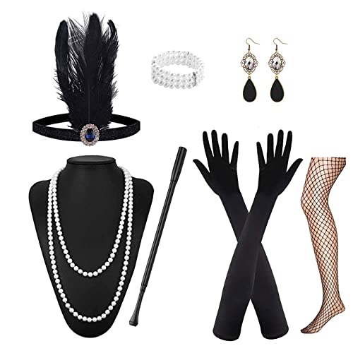 NITAIUN 7 Stück 20er Jahren Zubehör Set für Damen, Charleston Accessoires Damen,1920s Flapper Great Gatsby Accessoires Set, Roaring 20er Themenset, 20er Jahre Halloween Kostümzubehör (Set H) von NITAIUN