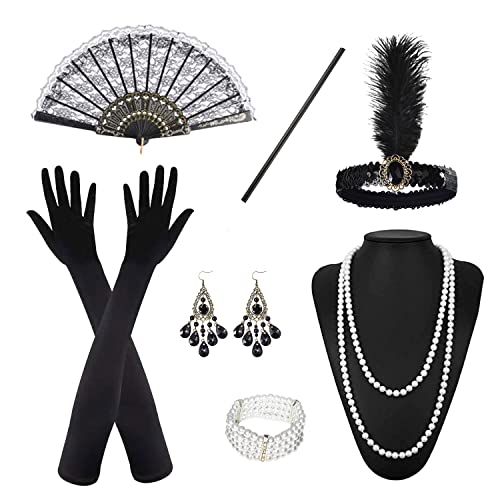 NITAIUN 7 Stück 20s Kostüm Damen 20er Jahre Accessoires Flapper Great Gatsby Accessoires, 1920er Jahre Zubehör mit Stirnband Handschuhen Halskette Armband Ohrringen Spitze Faltfächer (Schwarz) von NITAIUN