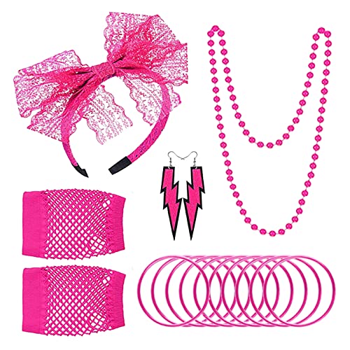 NITAIUN 80er Jahre Retro Party Kostüm Set 80er Kostüm Zubehör, Lace Stirnband Kunststoff Halskette Ohrringe Neon Armband Fischnetz Handschuhe Karneval Mottoparty Cosplay, Rosa, Einheitsgröße von NITAIUN