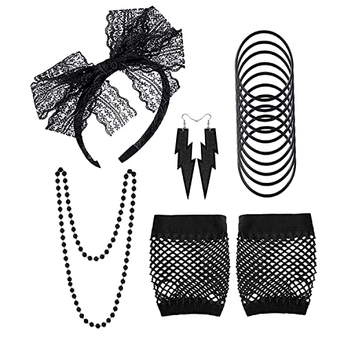 NITAIUN 80er Jahre Retro Party Kostüm Set Lace Stirnband Kunststoff Halskette Ohrringe Neon Armband Fischnetz Handschuhe Karneval Mottoparty Cosplay Dekoration Party Schwarz, Einheitsgröße (Schwarz) von NITAIUN