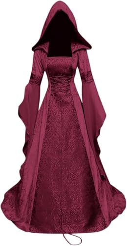 NIUVOO Damen Kapuzenkleid Anzug Korsett Renaissance Gothic Viktorianisches Kleid Halloween Vampir Mittelalter Kleid Kostüm Cosplay Party Vampir Kleid von NIUVOO