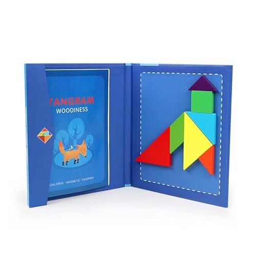 NIWWIN Magnetischer Tangram aus Holz, Puzzle-Spiel, Reisespiel, mentale Übung, IQ-Buch mit Lösungen, pädagogisches Spielzeug der Kinder, Geburtstagsgeschenke für Kinder im Alter von (Blau) von NIWWIN