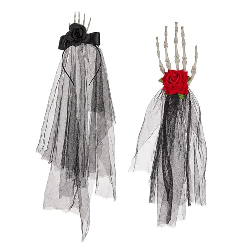 Halloween Skelett Hände Knochen Haarspangen und Schwarzes Netz, Halloween Brosche Totenkopf Haarschmuck, Gothic Stirnband mit Handknochen Rose für Frauen Mädchen Haarschmuck von NLDGR