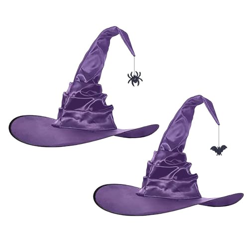 NLDGR Halloween-Hexenhut, Lila oder Schwarzer Hexenhut für Frauen mit Spinne und Fledermaus-Anhänger, Zaubererhut, Spitze Kappe, Cosplay-Kostüm-Zubehör (A) von NLDGR