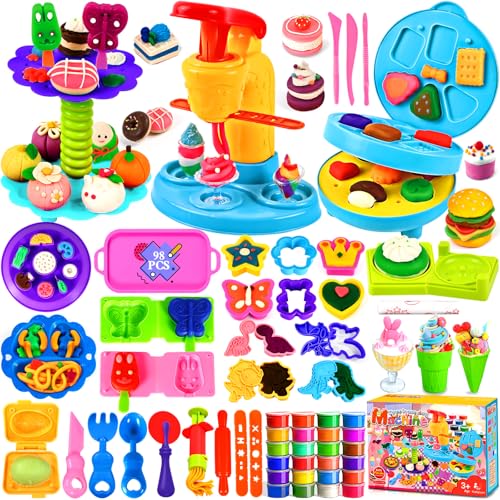 NLMWTI 24 Dosen Knete Set für Kinder, 98 Stück Knete Zubehör Kitchen Creations, Knete Eismaschine Burgermaschine,Knete Set Knetwerkzeug Spielzeug für Jungen und Mädchen ab 3 Jahre von NLMWTI