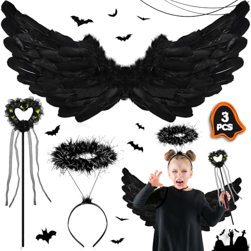 NLMWTI Halloween Kostüm Mädchen, Engels Flügel Kostüm mit Leuchtende Heiligenschein und Zauberstab, Halloween Kostüm Karnevals Cosplay für Mädchen von NLMWTI