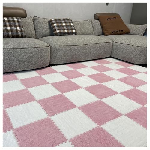 0,4 Zoll Verdickte, Ineinandergreifende Bodenmatte Aus Plüsch, Flauschiger Puzzle-Teppich, Quadratische Schaumstofffliesenmatten Mit Kanten, 10 Stück(White+Pink) von NMVAWIPT