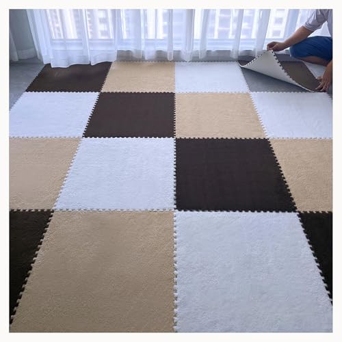 10 Stück 0,4 Zoll Dicke, Zottelige, Ineinandergreifende Schaumstoff-Teppichfliesen Mit Rand, 24 X 24 Zoll Große Plüsch-Schaumstoff-Bodenmatte(Dark Brown+Light Brown+White) von NMVAWIPT