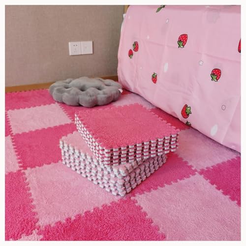 10 Stück Große Ineinander Greifende Teppichfliesen Aus Eva-Schaum, Puzzle-Teppichmatten for Den Boden, Flauschige Plüschschaummatte(Pink+Rose Red) von NMVAWIPT