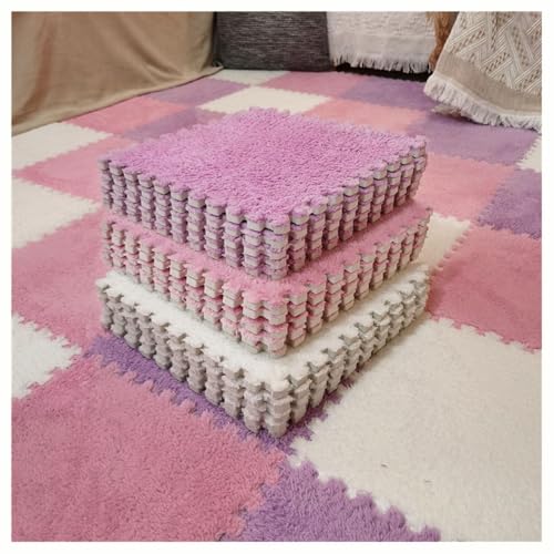 10 Stück Ineinander Greifende Teppichfliesen, 12 X 12 Zoll Große Plüsch-Puzzlematten for Den Boden, Weiche, Flauschige Schaumstoff-Bodenmatte, Schützende Bodenfliesen(Pink+White+Purple) von NMVAWIPT