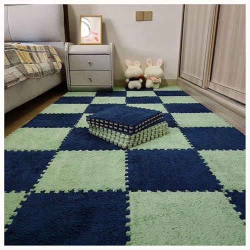 10 Stück Ineinander Greifende Teppichfliesen Aus Plüschschaum, Rutschfester Eva-Puzzleboden, 61 X 61 cm, Flauschige Puzzlematten for Wohnzimmer, Schlafzimmer(Green+Navy Blue) von NMVAWIPT