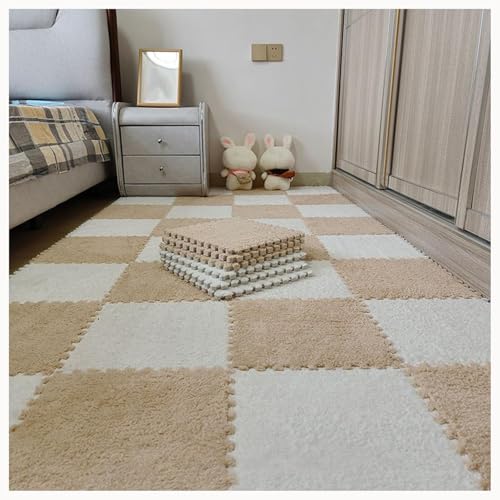 10 Stück Ineinander Greifende Teppichfliesen Aus Plüschschaum, Rutschfester Eva-Puzzleboden, 61 X 61 cm, Flauschige Puzzlematten for Wohnzimmer, Schlafzimmer(Light Brown+White) von NMVAWIPT