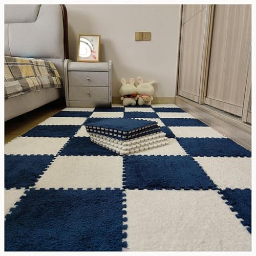 10 Stück Ineinander Greifende Teppichfliesen Aus Plüschschaum, Rutschfester Eva-Puzzleboden, 61 X 61 cm, Flauschige Puzzlematten for Wohnzimmer, Schlafzimmer(Navy Blue+White) von NMVAWIPT