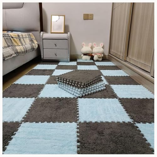 10 Stück Ineinander Greifende Teppichfliesen Aus Plüschschaum, Rutschfester Eva-Puzzleboden, 61 X 61 cm, Flauschige Puzzlematten for Wohnzimmer, Schlafzimmer(Sky Blue+Gray) von NMVAWIPT