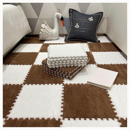 10 Stück Teppich-Puzzlematten for Den Boden, 60 X 60 X 1 cm, Flauschige, Zottelige, Ineinandergreifende Schaumstoff-Teppichfliesen, Plüsch-Puzzlemattenfliesen Mit Rand(White+Brown) von NMVAWIPT