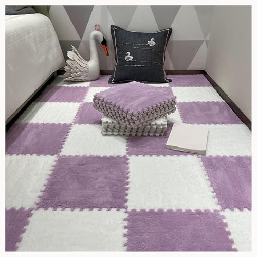 10 Stück Teppich-Puzzlematten for Den Boden, 60 X 60 X 1 cm, Flauschige, Zottelige, Ineinandergreifende Schaumstoff-Teppichfliesen, Plüsch-Puzzlemattenfliesen Mit Rand(White+Purple) von NMVAWIPT