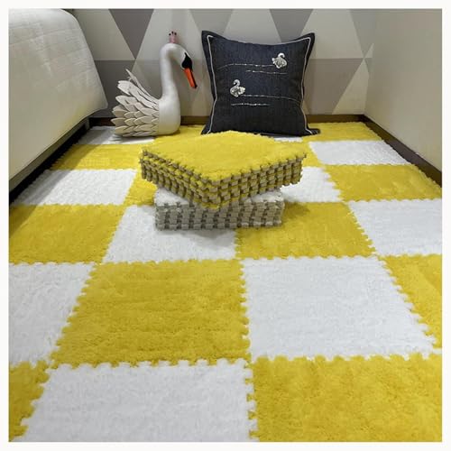 10 Stück Teppich-Puzzlematten for Den Boden, 60 X 60 X 1 cm, Flauschige, Zottelige, Ineinandergreifende Schaumstoff-Teppichfliesen, Plüsch-Puzzlemattenfliesen Mit Rand(White+Yellow) von NMVAWIPT