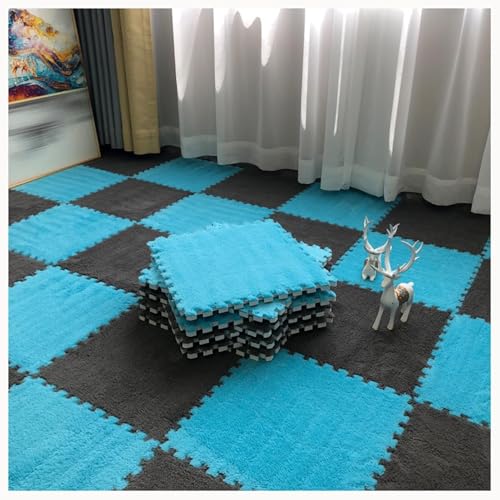 10 Stück Zottelige, Ineinander Greifende Teppichfliesen, rutschfeste Bodenmatte Aus Plüschpuzzleschaum, Weiches Puzzle for Wohnzimmer, Schlafzimmer, Spielzimmer(Dark Blue+Gray) von NMVAWIPT