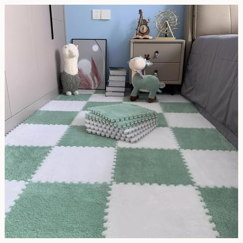 10 Stücke Teppich Puzzle Matten for Boden Flauschigen Plüsch Ineinander Greifen Anti Slip Eva Schaum Fliesen Weiche Puzzle Mit Grenze(Green+White) von NMVAWIPT