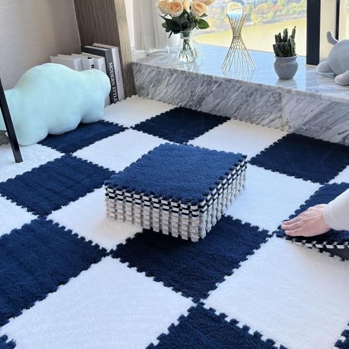 12 Stück/11,52 Quadratfuß Ineinander Greifende Puzzle-Bodenmatte Aus Schaumstoff, 12 X 12 X 0,4 Zoll Dicke Spielmatte Aus Plüschschaumstoff-Bodenfliesen(White+Navy Blue,1cm) von NMVAWIPT