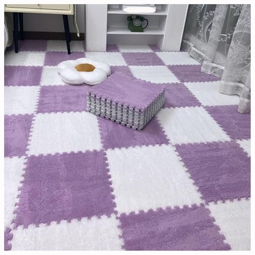 12 Stück 30 X 30 cm Ineinander Greifende Puzzle-Teppichfliesen Mit Kanten, Bodenteppichfliesen Aus Plüschschaum, Flauschige Quadratische Schaumstoffmatte(Purple+White) von NMVAWIPT