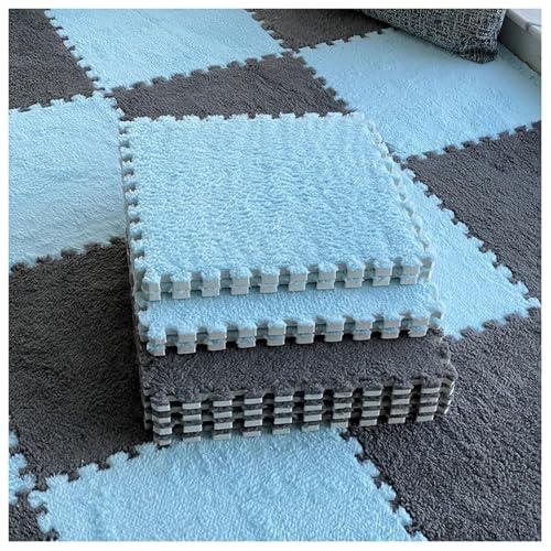 12er-Pack Ineinander Greifende Teppichfliesen Aus Plüschschaum, Weiche, 30 cm Große, Quadratische Puzzle-Fußmatten for Wohnzimmer Und Schlafzimmer(Gray+Blue) von NMVAWIPT