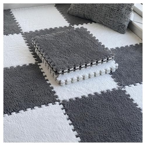 12er-Pack Ineinander Greifende Teppichfliesen Aus Plüschschaum, Weiche, 30 cm Große, Quadratische Puzzle-Fußmatten for Wohnzimmer Und Schlafzimmer(Gray+White) von NMVAWIPT