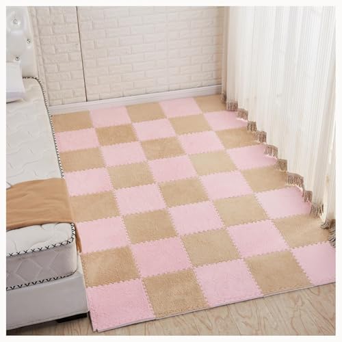 20 Stück Quadratische, Flauschige Ineinandergreifende Teppichfliesen for Wohnzimmer, Schlafzimmer, Bodenmatte Aus Plüsch-Puzzleschaum(Light Brown+Pink) von NMVAWIPT