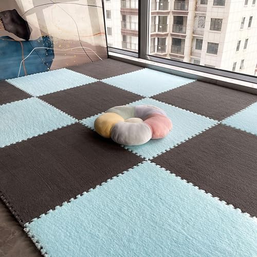 24 Stück Puzzle-ineinander Greifende Plüsch-Teppichfliesen, Quadratische, Flauschige Schaumstofffliesen-Teppiche, Flächenteppich-Spielmatte Fürs Zimmer(Gray+Blue,60x60x0.6cm) von NMVAWIPT