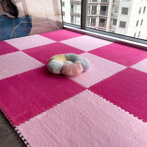 24 Stück Puzzle-ineinander Greifende Plüsch-Teppichfliesen, Quadratische, Flauschige Schaumstofffliesen-Teppiche, Flächenteppich-Spielmatte Fürs Zimmer(Pink+Rose Red,60x60x0.6cm) von NMVAWIPT