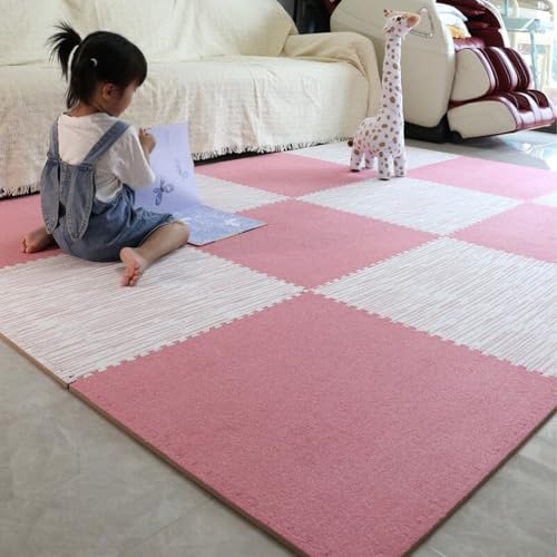 24 X 24 X 0,4 Zoll, Wohnzimmer Teppich Unterlage, Gefliest Puzzle Spiel Matten Mit Rand, Eva Schaum Krabbel Matten Für Kinder Kinder Schlafzimmer(Pink+Striped White,100PCS) von NMVAWIPT