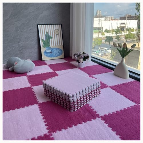 30 Stück Weicher, Flauschiger Ineinandergreifender Schaumstoffteppich, Dicke 0,4-Zoll-Fliesen, Quadratische Plüsch-Puzzle-Bodenmatte, rutschfeste Eva-Puzzlefliesen(Rose Red+Pink) von NMVAWIPT