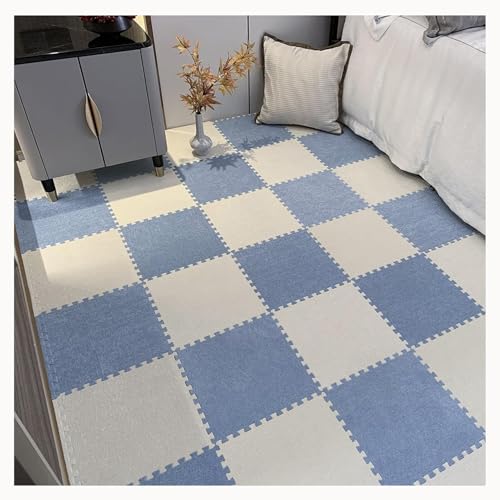 30 Stück Zottelige Ineinander Greifende Schaumstoff-Teppichfliesen 12 X 12 Zoll, Flauschige Puzzlematten for Den Boden, Plüschschaumstoffmatten(Blue+White) von NMVAWIPT