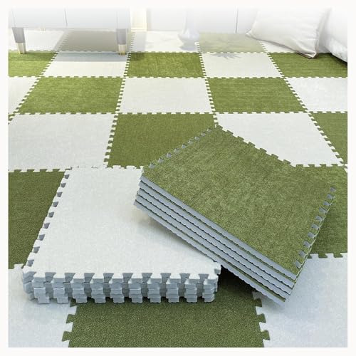 30 Stück Zottelige Ineinander Greifende Schaumstoff-Teppichfliesen 12 X 12 Zoll, Flauschige Puzzlematten for Den Boden, Plüschschaumstoffmatten(Grass Green+White) von NMVAWIPT