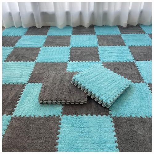 30 X 30 cm Quadratische Flauschige Schaumstofffliesen, Plüschteppich-Puzzlematten for Den Boden, Ineinander Greifende Schaumstoff-Bodenmatte(Gray+Blue,12pcs) von NMVAWIPT