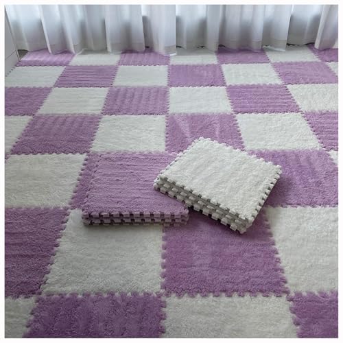 30 X 30 cm Quadratische Flauschige Schaumstofffliesen, Plüschteppich-Puzzlematten for Den Boden, Ineinander Greifende Schaumstoff-Bodenmatte(White+Purple,14pcs) von NMVAWIPT