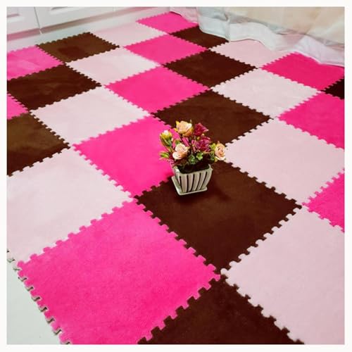 30-teiliges Fliesen-Bodenset Aus Plüsch-Puzzleschaumstoff, Quadratischer Ineinandergreifender Schaumstoffteppich, Rutschfester Teppich for Wohnzimmer Und Schlafzimmer(Dark Brown+Rose Red+Pink) von NMVAWIPT