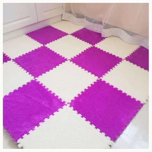 30-teiliges Fliesen-Bodenset Aus Plüsch-Puzzleschaumstoff, Quadratischer Ineinandergreifender Schaumstoffteppich, Rutschfester Teppich for Wohnzimmer Und Schlafzimmer(Purple+White) von NMVAWIPT